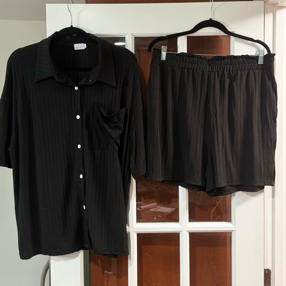Like New Black Button Up Top with Matching Elastic Waist Shorts